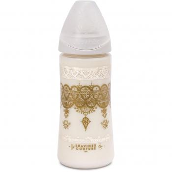 Biberón premium Suavinex Couture 360 ml, diseño étnico en tonos blancos y dorados con tetina redonda de silicona y flujo denso