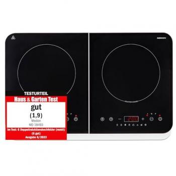 Placa de Inducción Doble Medion MD 18493, 3500W, 10 Niveles de Temperatura, Temporizador, Pantalla Táctil