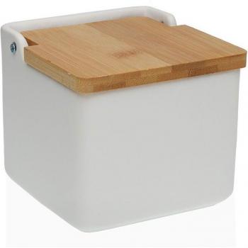 Salero cerámica blanco mate con tapa de bambú - Elegante y funcional