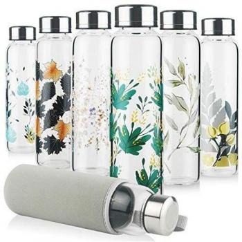 Reeho Botella de Agua Cristal de Borosilicato Deportivo con Funda de Neopreno con Tapa de Acero Inoxidable 500ml / 1000ml / 1 Litre