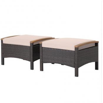 Outdoor Wicker Ottoman Set (2-Pack) with Beige Cushions and Wooden Handles