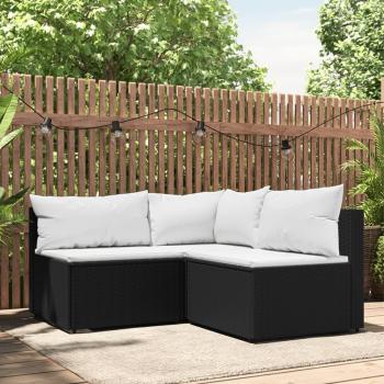 vidaXL 3 Piece Black Poly Rattan Garden Lounge Set with Cushions
