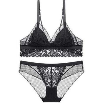 SHEKINI Mujer Conjunto de Ropa Interior Sujetador Bralette de Triángulo de Encaje Conjuntos de lencería Cómodo y Transpirable（Negro,M