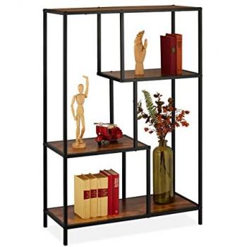 Estantería Industrial Vintage de 4 Baldas, Efecto Madera, 114,5x77x32,5 cm, Marrón Oscuro/Negro - Relaxdays