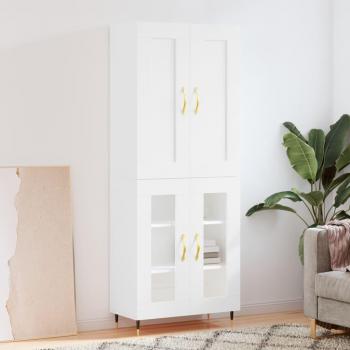 Aparador alto de madera contrachapada blanco brillo 69,5x34x180 cm con 2 puertas de cristal, mueble de almacenaje para salón, buffet y armario auxiliar