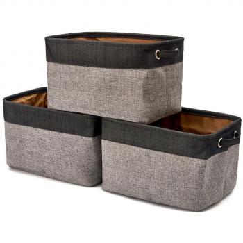 EZOWARE 3 Pcs Caja de Almacenaje, Cestas Organizador de Tela Plegable con Manijas para Hogar, Oficina, Estanterías, Armarios, Ropa, Juguetes y mas - 38 x 27 x 24cm -Negro/Marrón