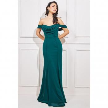 Goddiva Chiffon Bardot Cowl Neck Maxi Dress - Emerald Green