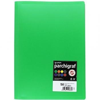 Grafoplás 1460123. Carpeta de 50 Fundas de Polipropileno Extra Soldadas al Lomo, Folio, Cubiertas Semirígidas Opacas, Verdes, Serie Parchigraf