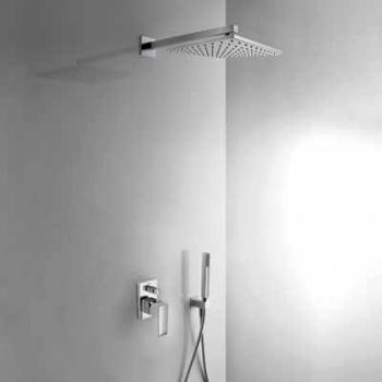 Tres griferia kit de ducha monomando empotrado cuadro con cierre y regulacion de caudal cuerpo empotrado incluido ducha fija 300x300mm con rotula material laton 13413830 soporte con toma pared 00618201 ducha movil anticalcarea 00663901 fl 106980