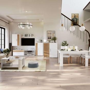 Pack Muebles de Salón Koln: Mueble TV, 2 Módulos, Estantería, Aparador, Mesa Centro y Comedor Blanco Mate y Roble