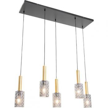 Lámpara colgante rectangular de 5 luces en oro y cristal ahumado - Elva