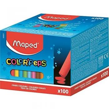 Maped - Tizas de Colores - Tizas para Aceras - 100 Tizas para Pizarras - Fabricadas con Carbonato de Calcio - Fórmula Libre de Polvo - Mejor Visibilidad y Legibilidad - 10 Colores