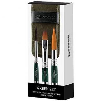 ESCODA Set 3 Pinceles Acuarela - Green Set Viaje N.4,12,16 Redondo Punta Salida Larga Carrado Pelo Sintético Serie Último Prado Barroco Estuche Tela Profesional Fabricado a Mano en España.