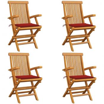 Sillas de jardín 4 uds madera maciza de teca con cojines rojos