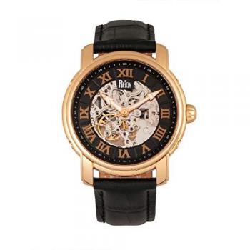 Reign Kahn Automatic Skeleton Leather Watch - Black and Rose Gold