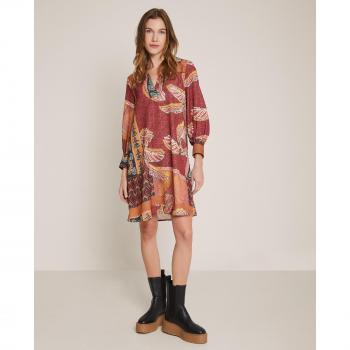 Vestido corto fluido estampado de mujer Trucco con manga francesa abombada ajustada en puño y cuello camisa acabado en pico