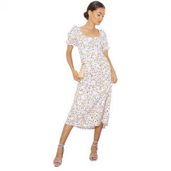 Petite Floral Sweetheart Puff Sleeve Midi Dress - Size 8 UK