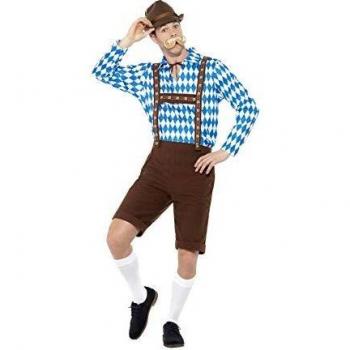 Smiffys-49658L Disfraz de Hombre de la Cerveza bávaro,con Camisa y Lederhosen, Color Azul y marrón, L-Tamaño 42-44