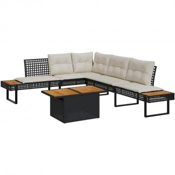 2-Piece Black Poly Rattan Garden Sofa Set with Cushions and Acacia Wood