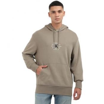 Calvin Klein Jeans Men's Relaxed Fit Beige Hoodie with Logo Stitching - Size XL