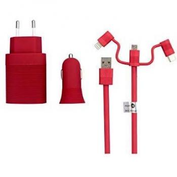 Muvit Life Pack Cargador de Coche USB+Cargador de casa USB+Cable 3 en 1 Micro USB, Tipo C y Lightning Rojo
