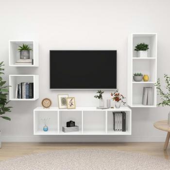 Set de Muebles de Salón 4 Piezas Blanco Madera Ingenierizada - Mueble TV y Estante Decorativo