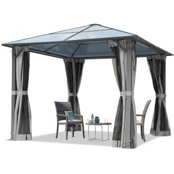 Cenador de jardín TOOLPORT 3x3 m con techo de policarbonato aprox. 6 mm, incluye 4 cortinas y mosquiteras en color gris