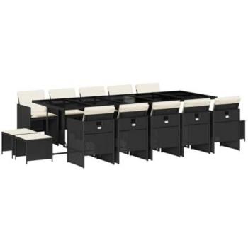 Set de Comedor de Jardín 15 Pzas con Cojines, Ratán Sintético Negro
