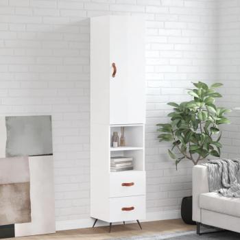 Aparador alto de madera contrachapada blanco brillo 34,5x34x180 cm con 2 cajones y 2 estantes, mueble de almacenaje para salón, buffet y armario auxiliar