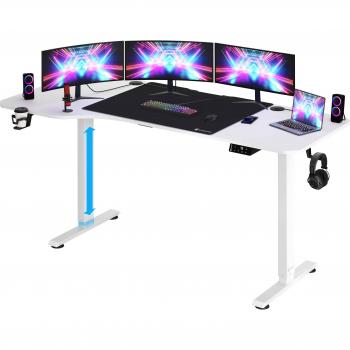 Escritorio Ajustable en Altura Blanco 160x75cm con Pantalla LCD, Acero, Ergonomía Gaming, Alfombrilla de Ratón, Altura de 73 a 118 cm
