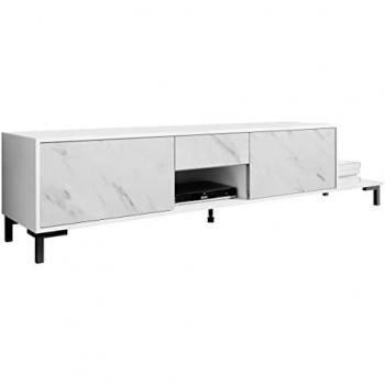 Mueble TV Charlotte 157, Blanco + Mármol blanco, 195 x 48 x 40 cm, Mueble de televisión con diseño moderno y elegante, incluye espacio de almacenamiento con dos puertas y un cajón