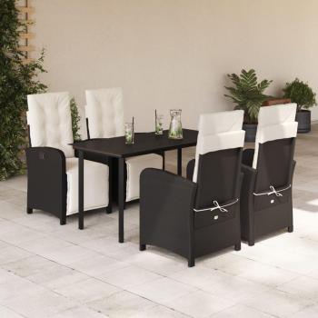 5-Piece Black Poly Rattan Garden Dining Set with Cushions