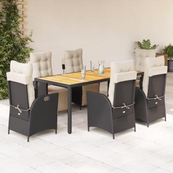 7-Piece Black Poly Rattan Garden Dining Set with Cushions