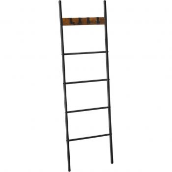 Estantería de escalera inclinada Vasagle de 5 niveles, marco de acero, 4 ganchos, ahorro de espacio, para mantas y toallas, estilo industrial, dimensiones 44x160 cm