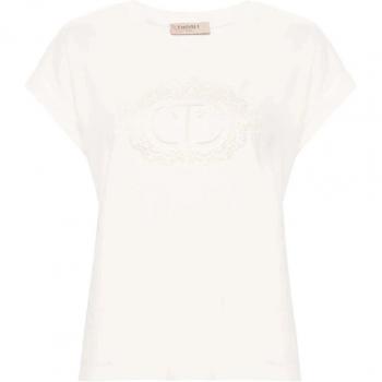 Twinset White Cotton T-shirt with Lace Logo, Female, Size: M