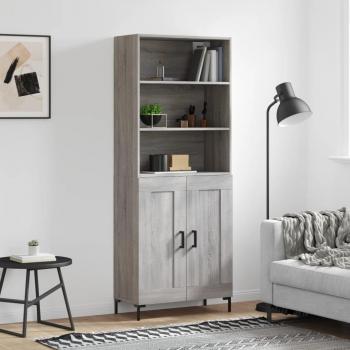 Aparador alto de madera contrachapada gris sonoma 69,5x34x180 cm con 2 puertas de madera, mueble de almacenaje para salón, buffet y armario auxiliar