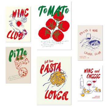 Set de 6 Pósters Pop Art de Comida (Tomate, Pasta y Pizza) para Decoración de Paredes A3 y A4 Sin Marco