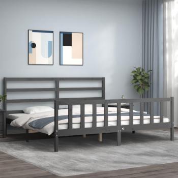 Cama de madera maciza gris con cabecero 200x200 cm