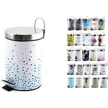 MSV Brest Cubo de Basura con Pedal 3 L, Acero Inoxidable, Gotas Azules, 25 x 17 cm