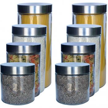 Pack 8 botes de cristal, (capacidad de 0.9 L, 1.3 L, 1.75 L & 2.15 L), con tapa de acero inoxidable enroscable. Tarros cristal.