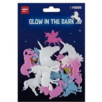 APLI 19255 - Pegatinas luminiscentes UNICORNIOS - 12 adhesivos para techo y pared que brillan en la oscuridad