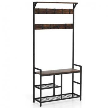 Rustic Industrial 71-Inch Hall Tree with Shoe Bench and 9 Hooks