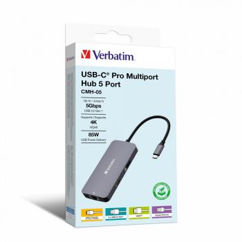 Verbatim CMH-05 USB Type-C 5-Port Pro Multiport Hub, 5000 Mbit/s, Silver
