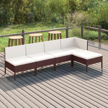 5-Piece Brown Poly Rattan Garden Lounge Set with Cushions