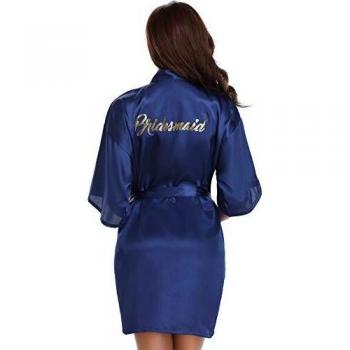 Vlazom Kimono Mujer Bata para Satin Mujer, Albornoces para Mujer de Batas Novia Boda de Pijamas para Kimono dama de honor Suave y Sexy,XXL,Azul oscuro - dama de honor