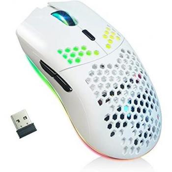 Ratón inalámbrico para videojuegos con carcasa de nido de abeja para ratón, 6 botones programados, ratón retroiluminado RGB cromado, ratón óptico ergonómico con agarre cómodo, PC/Mac/Laptop, blanco
