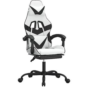 Silla Gaming Giratoria Reposapiés Cuero Sintético Blanco Negro con Reposabrazos Inclinación Alta Ajustable y Ruedas para Oficina Sala de Estar