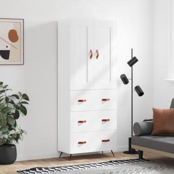 Aparador alto de madera contrachapada blanco brillo 69,5x34x180 cm con 3 cajones, mueble de almacenaje para salón, buffet y armario auxiliar