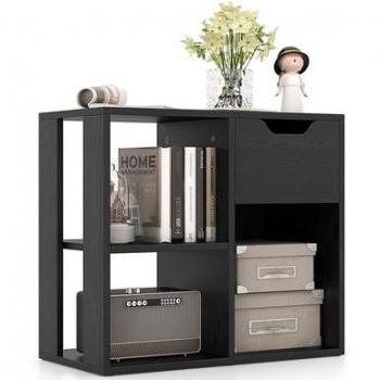 3-Cube Wooden Bookcase with Drawer - 21-Inch Tall Black Storage Shelf (1- or 2-Pack)
