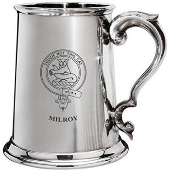 Milroy Family Crest Polished Pewter 1 Pint Tankard with Scroll handle